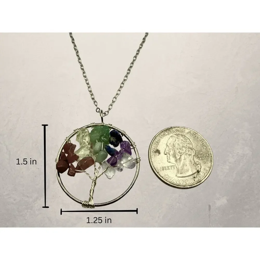 Turquoise Tree of Life Silver Necklace Crystal Pendant Fairycore Boho